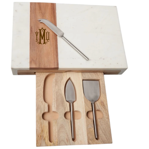 Marble and acacia wood cheese board set with personalised monogram